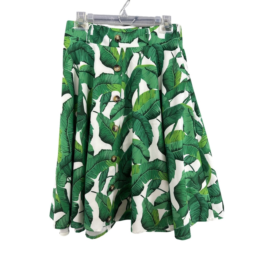 Belle Poque Green Banana Leaf Tropical Midi A-Line Skirt M Retro Vacation Nature